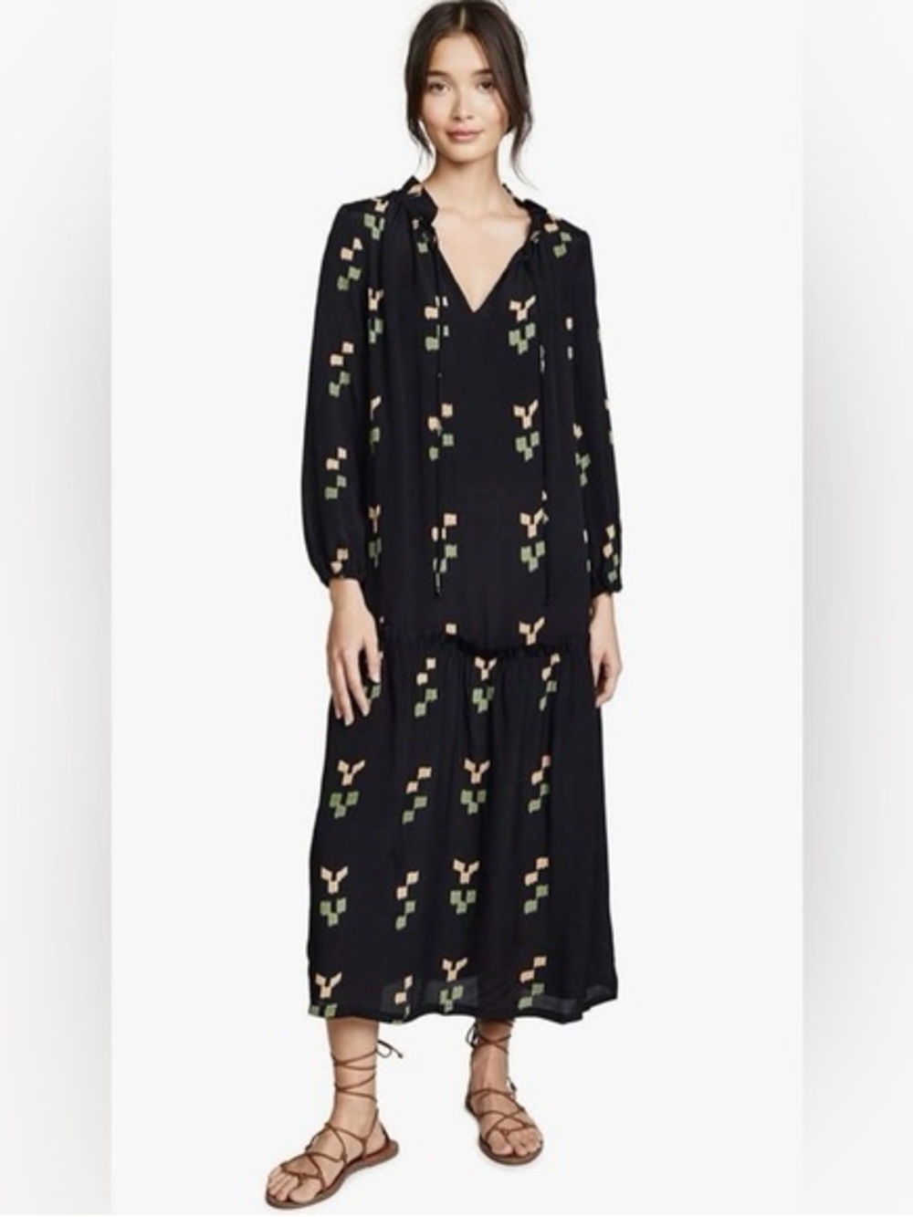 Rachel Pally Gail Dress Small Black Abstract Print Boho Midi USA